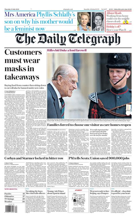 Daily Telegraph Front Page 23rd Of July 2020 Tomorrows Papers Today