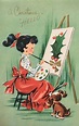 Woman painting | Vintage christmas cards, Vintage christmas, Christmas ...
