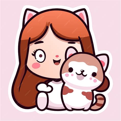Premium Vector Cute Girl And Cat Kawaii Hand Drawn Cartoon Sticker