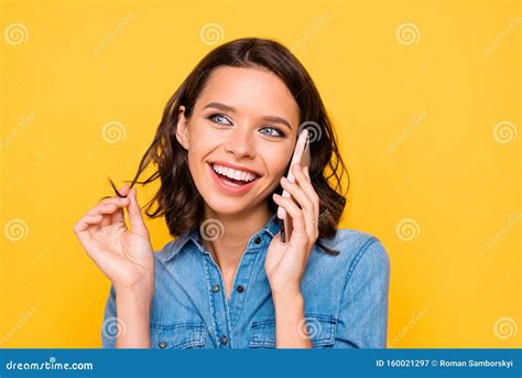 Close Up Photo Of Cheerful Positive Funny Funky Girl Hold Her Smart Phone Call Chill Have