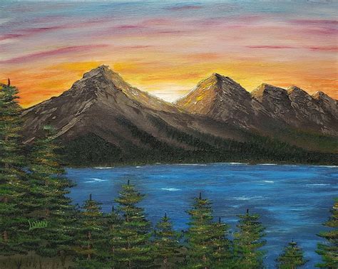 Sunset Mountain Lake Original Painting Painting Art And Collectibles