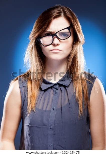 Disappointed Young Woman Large Nerd Glasses Stock Photo 132415475