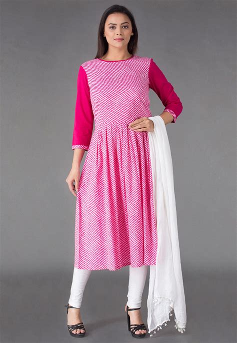 Leheriya Printed Cotton Anarkali Suit In Pink Kjn3104