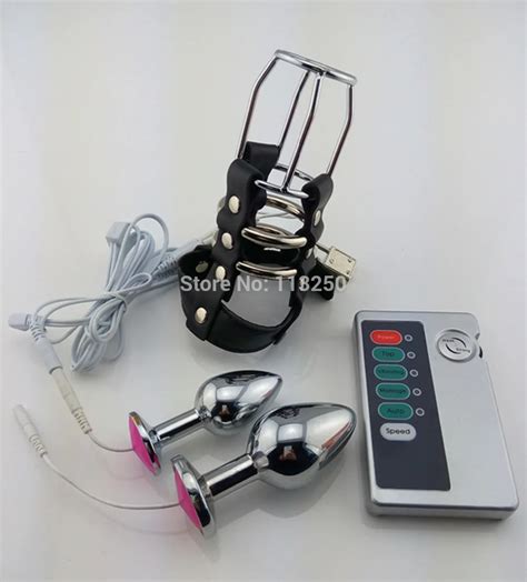 Multi Function Electric Shock Set Dual Anal Plug Electro Stimulation Leather Chastity Cage Metal