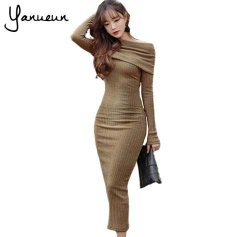 Yanueun Korean Fashion Long Sleeve Womens Knitwear Winter Long Dresses