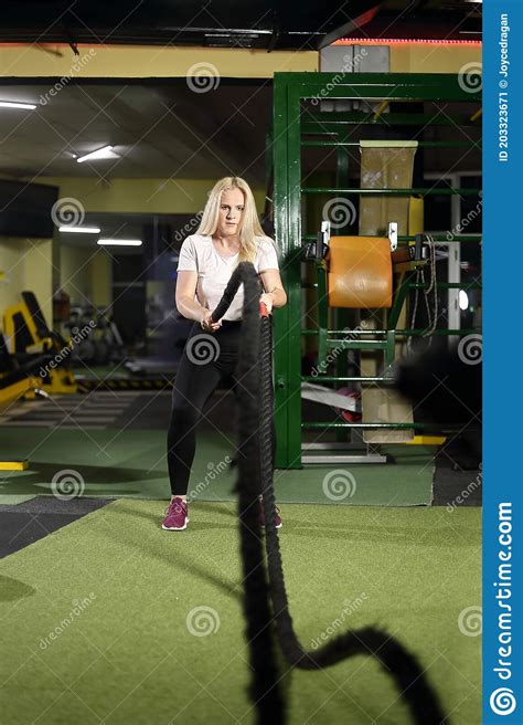 Fitness Woman Working Out With Heavy Ropes At The Gym Stock Image Image Of Happy Person