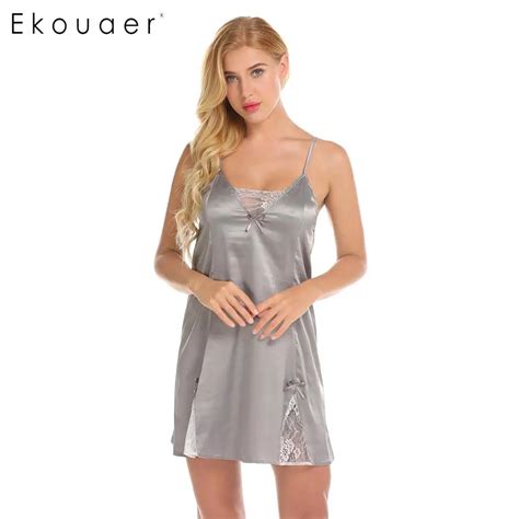 Ekouaer Satin Lingerie Night Dress Sexy Nightgowns Women Bow Tie Lace