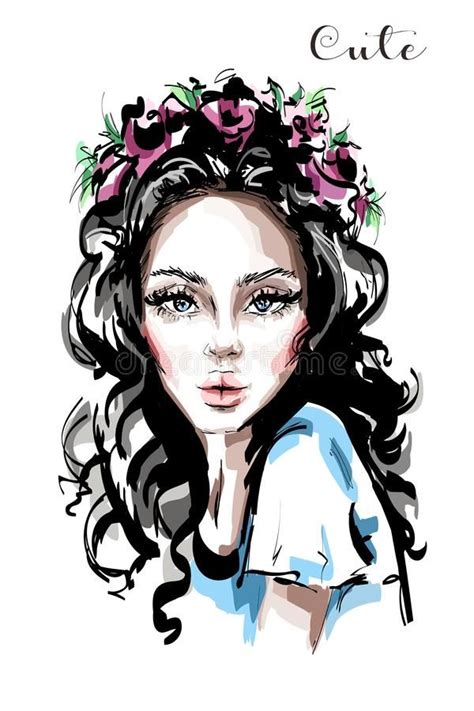 Hand Drawn Beautiful Young Woman With Flower Wreath In Her Hair