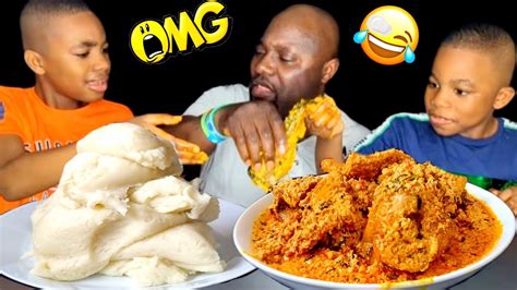 asmr messy eating prank on our dad with fufu and egusi soup epic