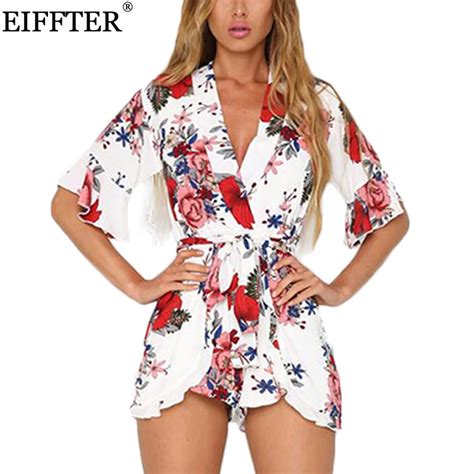 boho red floral print ruffles playsuits women elegant autumn white v neck jumpsuits rompers sexy