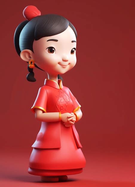 Ilustração 3d Da Menina Chinesa Com Vestido Vermelho Qipao Foto Premium