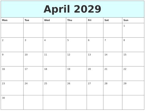 April 2029 Free Calendar