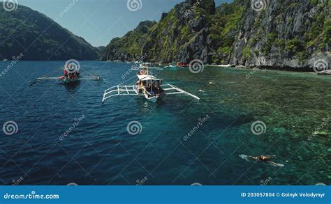 Closeup Passenger Boat At Ocean Bay With Green Cliff Shore At Aerial Tropic Seascape At Sand