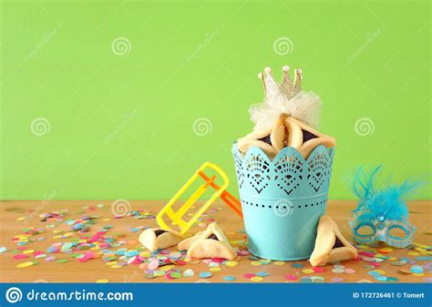 Purim Celebration Concept Jewish Carnival Holiday Over Green Wooden