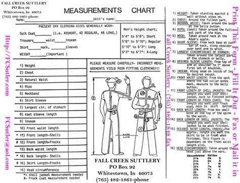 Fall Creek Suttlery Uniform Measurement Chart