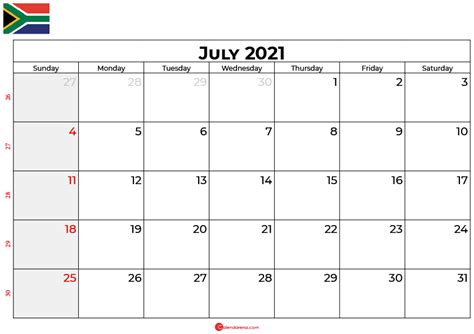 July 2021 Calendar South Africa In 2021 August Calendar July