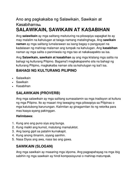 Scribd Kaibahan Ng Salawikain At Sawikain Ano Ang Pagkakaiba Ng