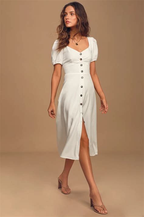 Pippa White Puff Sleeve Button Front Midi Dress