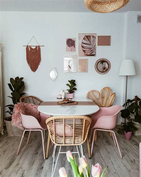 Bohemian Dining Room With Rattan Dining Chairs And Macrame Wall Decor