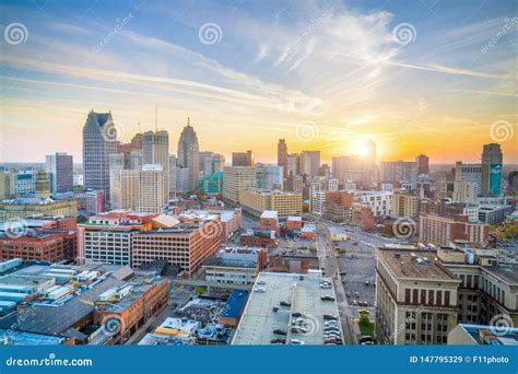 Aerial View Of Downtown Detroit At Sunset In Michigan Stock Image