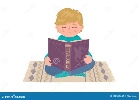 Boy Reads Book Little Child Sitting On The Carpet Stock Vector