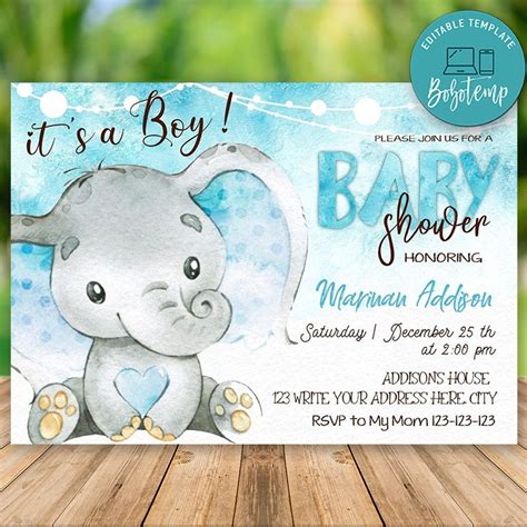 Editable Elephant Baby Shower Invitation For Boy Instant Download