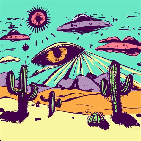 Psychedelic Desert Landscape With Surreal Cactuses Ufos Aliens And