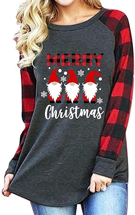 Buy Merry Christmas Buffalo Plaid Shirt Top For Women Funny Christmas Gnome Tee Letter Print