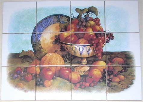 Fruit Ceramic Tile Mural Grapes Apple 12pc 425 Backsplash Kiln Fired