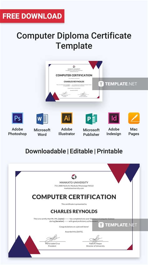 Download Free Computer Diploma Certificate Template Professionally