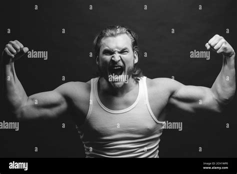 Black And White Photo Angry Sportsman Showing His Hard Musculars Force Concept Physical Power