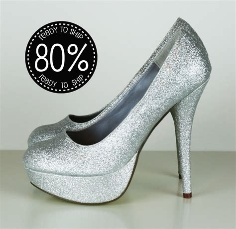 80 Off Silver Glitter High Heels Bridal Prom Sparkle Pumps