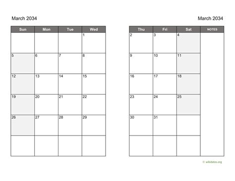 March 2034 Calendar On Two Pages