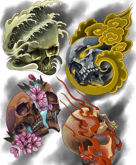 Four Skulls With Different Designs On Them And Some Flowers In The