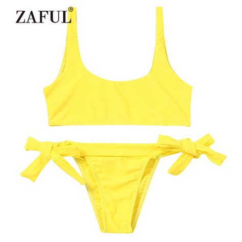 Zaful Bikini Yellow Unlined Tied Bikini Set U Neck Womens Swimsuit