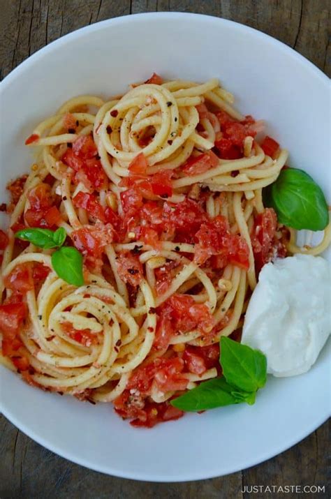 Combine all the tomato sauce ingredients together in the pressure cooker. Pasta with No-Cook Tomato Sauce | Just a Taste