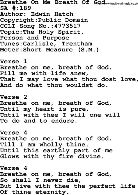 Salvation Army Hymnal Song Breathe On Me Breath Of God With Lyrics