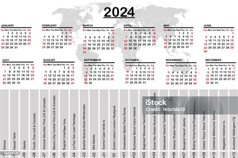 Kalender 2024 Mit Weltkarte Und Zeitzonen Stock Vektor Art Und Mehr