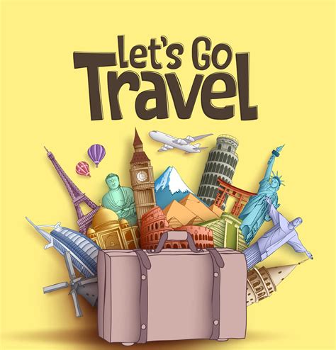 Lets Go Travel Vector Banner Design With Famous World Tourism