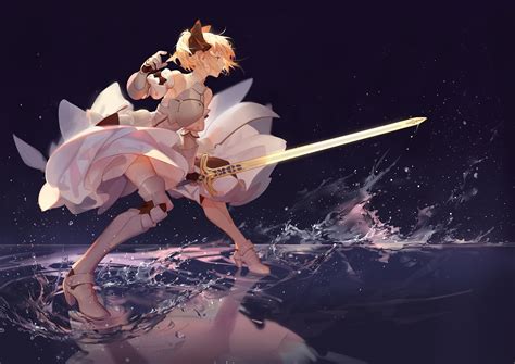 Wallpaper Illustration Blonde Anime Girls Water Reflection Artwork Dress Armor Sword