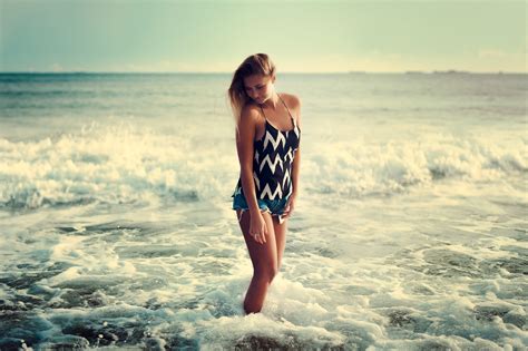 Wallpaper Sunlight Women Model Depth Of Field Sunset Sea Shore Sand Beach Coast
