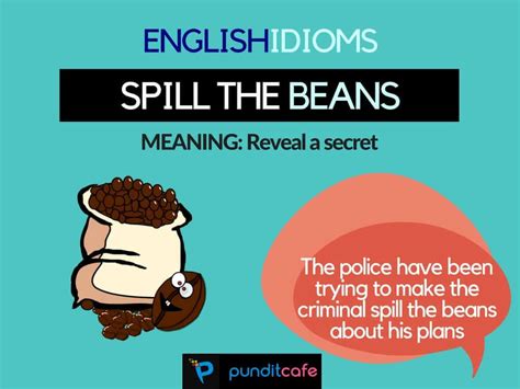 It's an idiom and the meaning of to spill the beans is to tell a secret or to reveal a secret. Tasty Idioms to spice up your English | Pundit Cafe