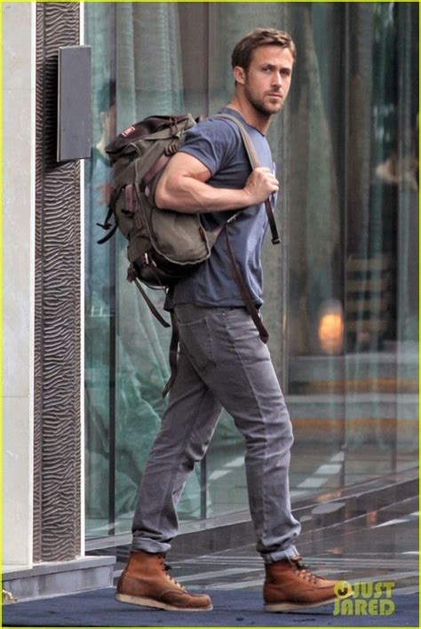 Ryan Gosling Wearing Navy Crew Neck T Shirt Grey Mens Fashion