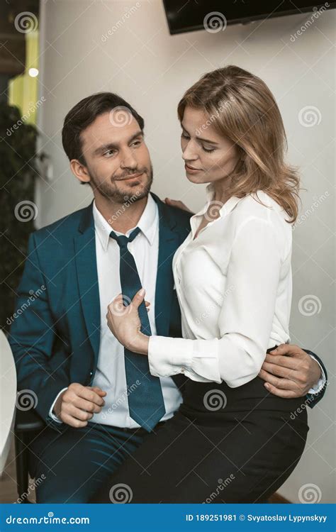 Beautiful Blond Woman Seducing Coworker At Office Banned Relations At Work Stock Image Image
