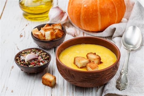 Homemade Pumpkin Cream Soup With Garlic Croutons Stock Photo Image Of