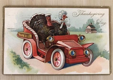 ~cute~thanksgiving Fantasy~ Postcard ~two Turkeys In Car Raphael Tuck