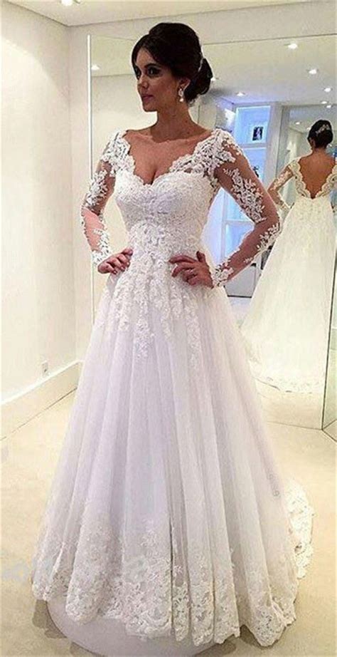 Princess A Line Scalloped Neck Long Sleeve Tulle Lace Wedding Dress In