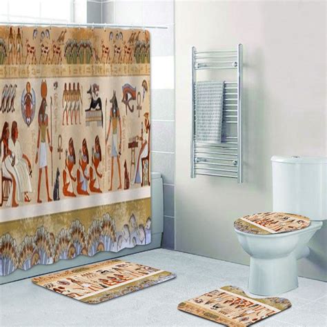 grunge ancient egypt scene shower curtain and rug set hieroglyphic murals egyptian gods pharaohs