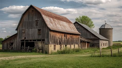 Two Old Farm Buildings Stand In A Field Background Picture Of Barns