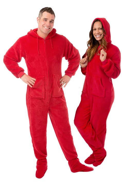 Hoodie Footed Red Plush Onesie Pajamas For Men And Women Big Feet Onesie Footed Pajamas